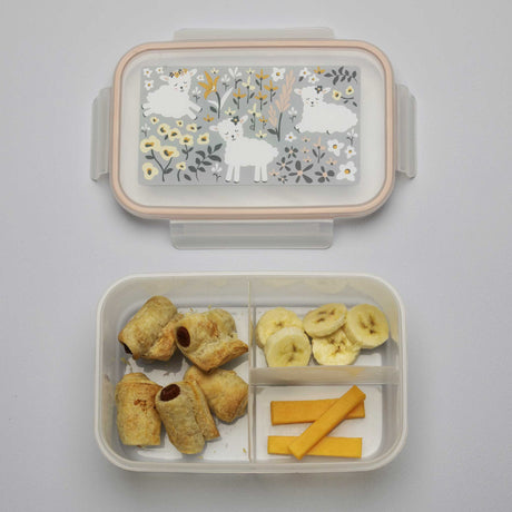 Good Lunch Bento Box | Lily the Lamb with three compartments holding snacks and a colorful lamb floral lid design.