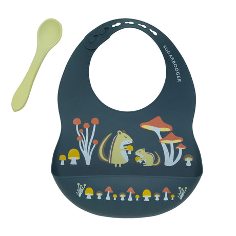 Fresh & Messy Silicone Bib & Spoon Set Mostly Mushrooms with chipmunk and mushroom design in dark blue silicone.