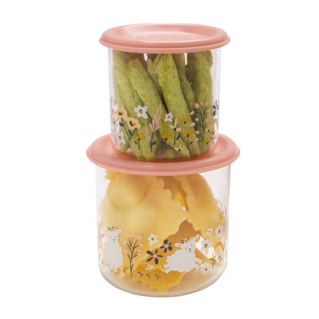 Good Lunch Snack Containers | Lily the Lamb set of two clear, durable snack containers with pink lids and floral lamb design.