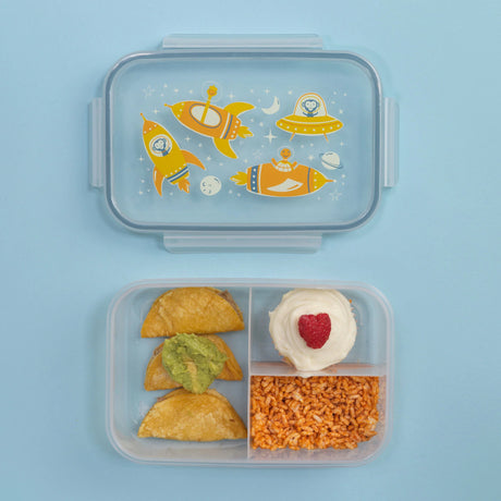 Good Lunch Bento Box | Zoom! with zoo animals in spaceships, three compartments keeping food fresh and separated.