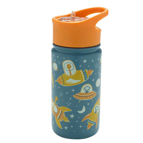 Stainless Steel Flip & Sip | Zoom! kids bottle with orange lid and space-themed animal design, 14 oz, insulated stainless steel.