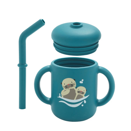 Fresh & Messy Sippy Cup | Baby Otter in teal with removable lid and straw featuring otter graphic and two handles.