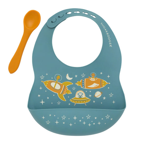 Fresh & Messy Silicone Bib & Spoon Set with space-themed zoo critters, adjustable bib, and matching silicone spoon.