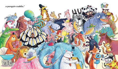 Penguin Huddle showing a colorful animal crowd in a whimsical, playful cuddle scene from the children's book.