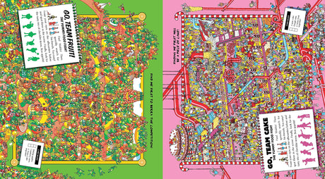 Where's Waldo? Great Speed Search book open to colorful Team Fruit and Team Cake search-and-find pages.