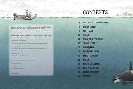 Working Boats book contents page showing chapters on various working boats and their people with ocean illustration.