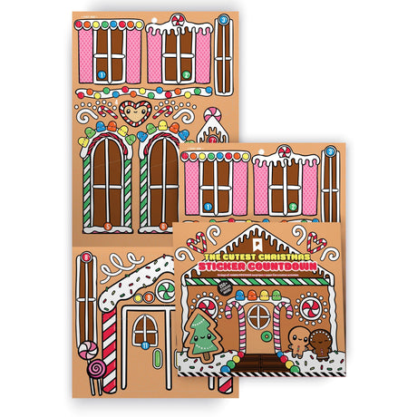 Kawaii Christmas Sticker Advent Calendar shaped like a gingerbread house with colorful festive sticker sheets inside.