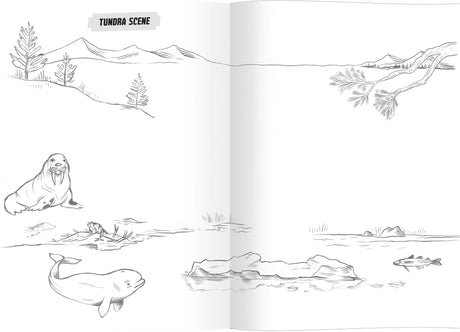 Learn to Draw | Wild Animals book page showing a tundra scene with animals and landscape sketches.