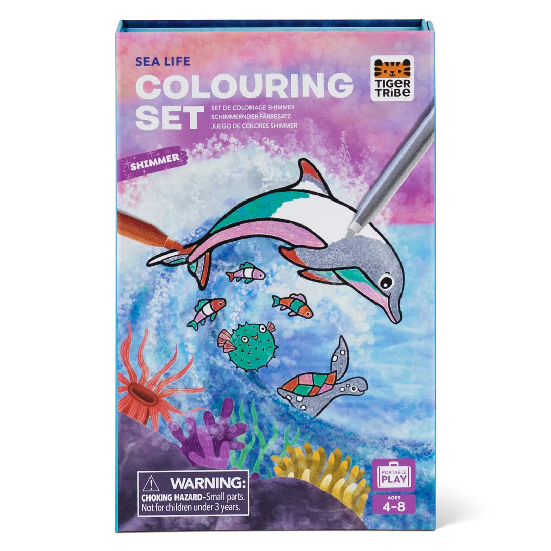 Sea Life coloring set packaging showing underwater creatures and shimmer coloring pens for creative portable play.