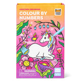 Colorful box with a white unicorn surrounded by vibrant flowers and a butterfly on a pink and orange background