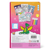 Color by numbers set with a green dragon illustration and sample black and white unicorn-themed coloring pages