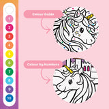 Color guide with numbered color swatches alongside two close-ups of black and white unicorn coloring pages for color by numbers activity