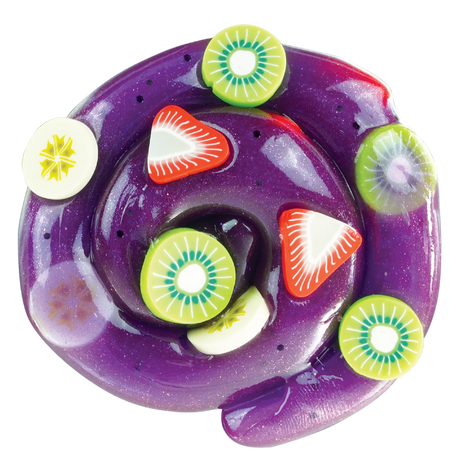Mini Acai Bowl Thinking Putty swirled purple with colorful fruit-inspired pieces resembling kiwi and strawberry slices.