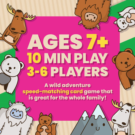 Moose Match Mayhem card game for ages 7 and up, 3 to 6 players, with colorful animal artwork