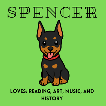 Cartoon black and brown dog named Spencer on a green background with text about loving reading art music and history