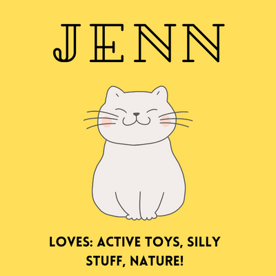 Illustration of a happy white cat named Jenn with whiskers on a yellow background and playful text below