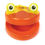 Bright orange frog-shaped clacker toy with big eyes and yellow string for snapping and clacking sounds for kids