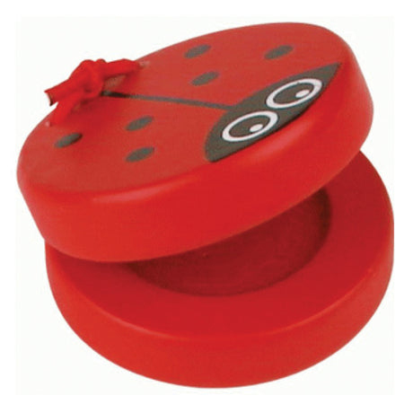 Red wooden clacker toy decorated like a ladybird with black spots and cartoon eyes for children aged 3 and up