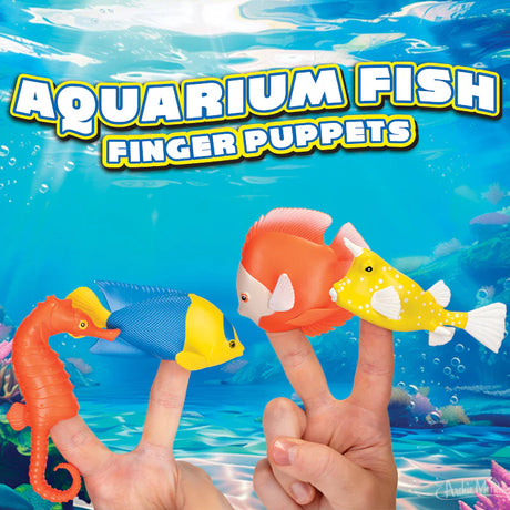 Finger Aquarium Fish finger puppets including seahorse, angelfish, discus, and cowfish in vibrant colors on fingers.