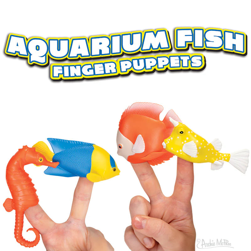 Finger Aquarium Fish finger puppets showing colorful seahorse, angelfish, discus, and cowfish on fingers.
