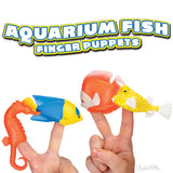 Finger Aquarium Fish finger puppets showing colorful seahorse, angelfish, discus, and cowfish on fingers.