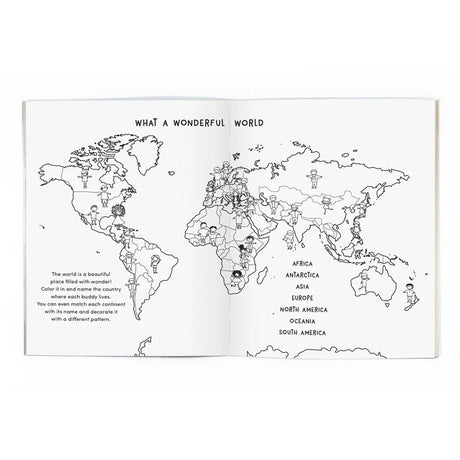 Open page of a coloring book featuring a black and white illustration of a world map. Text at the top reads "What a wonderful world".