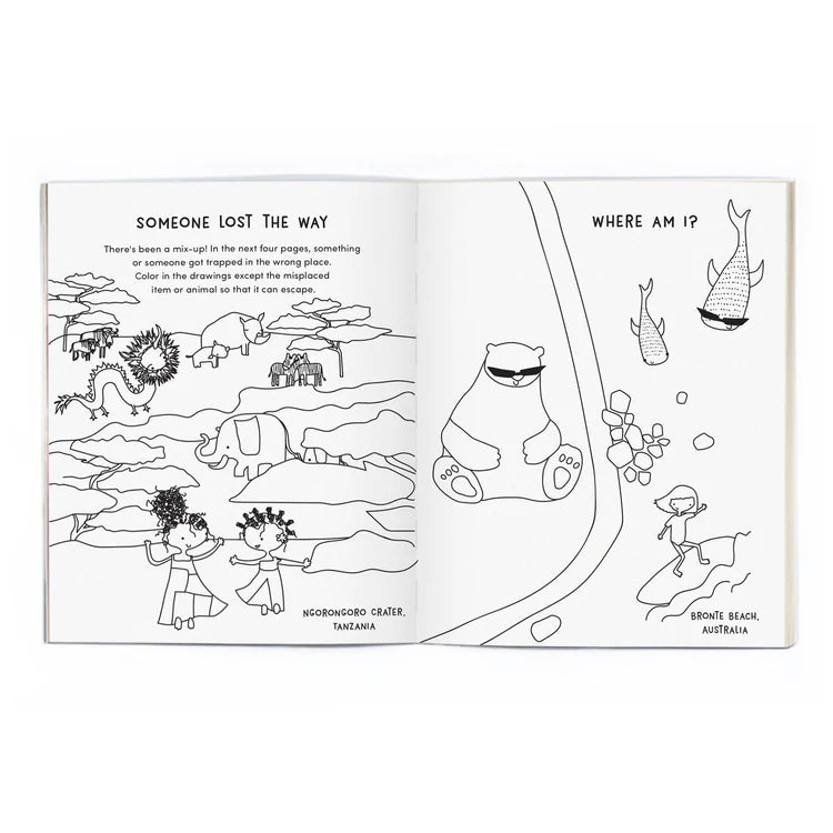 Open page of a coloring book featuring black and white illustrations and activities.