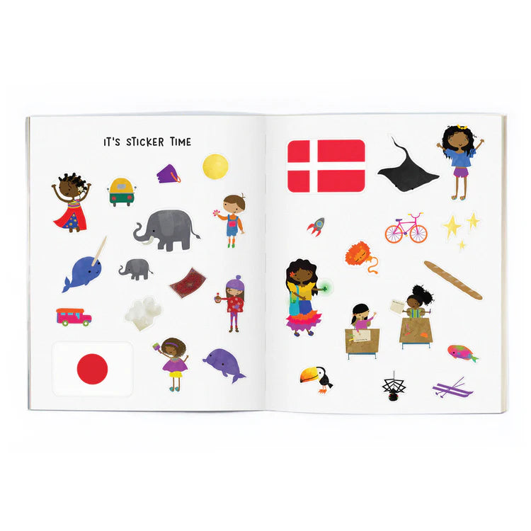 Open page featuring colorful stickers of children, animals, and objects. Text at the top reads "It's sticker time".