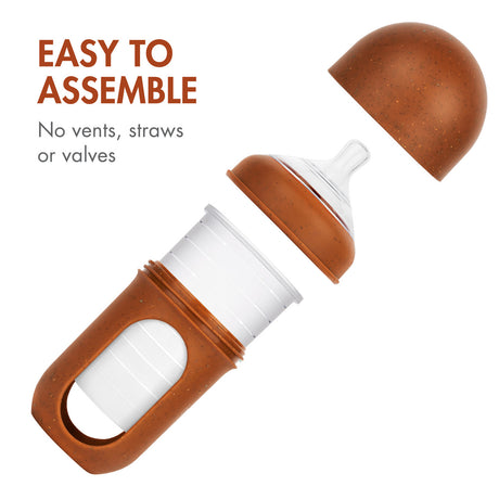 NURSH Silicone Bottles | Speckle showing easy to assemble design with no vents, straws, or valves for simple cleaning.