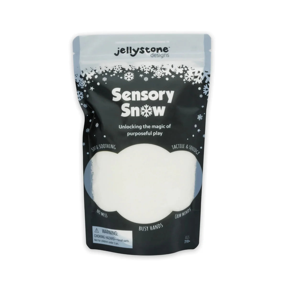 Jellystone Designs Sensory Snow resealable pouch filled with white sensory play material for hands-on creativity.