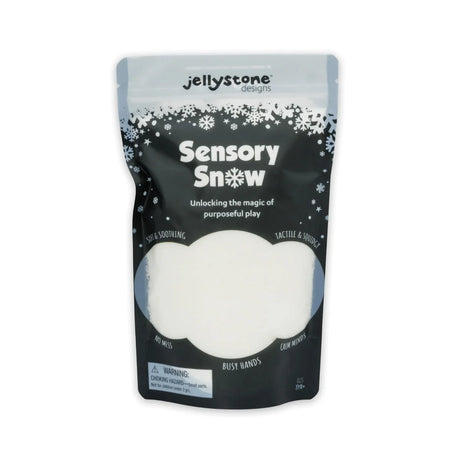 Jellystone Designs Sensory Snow resealable pouch filled with white sensory play material for hands-on creativity.