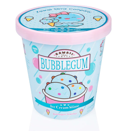 Bubblegum Ice Cream Slime in a pastel blue container with colorful slime scoops and a pink lid.