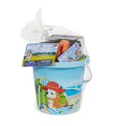 Light blue plastic bucket with beach and dog character scene filled with orange and blue summer toy accessories