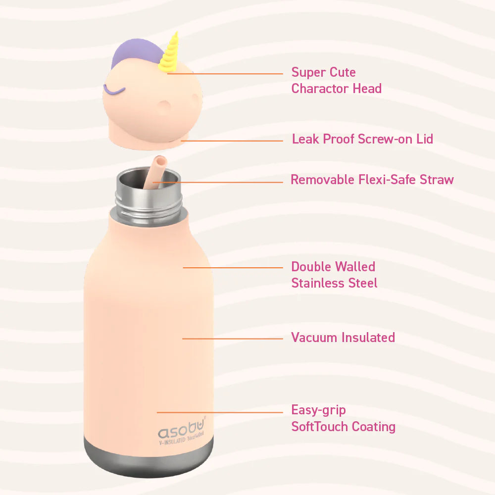 Asobu Water Bottle | Unicorn with soft unicorn head, leak-proof lid, removable straw, and double-walled stainless steel design