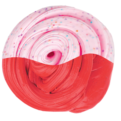 SCENTsory Duos Watermelon Birthday Cake Thinking Putty with red and pink swirls and colorful sprinkles texture.