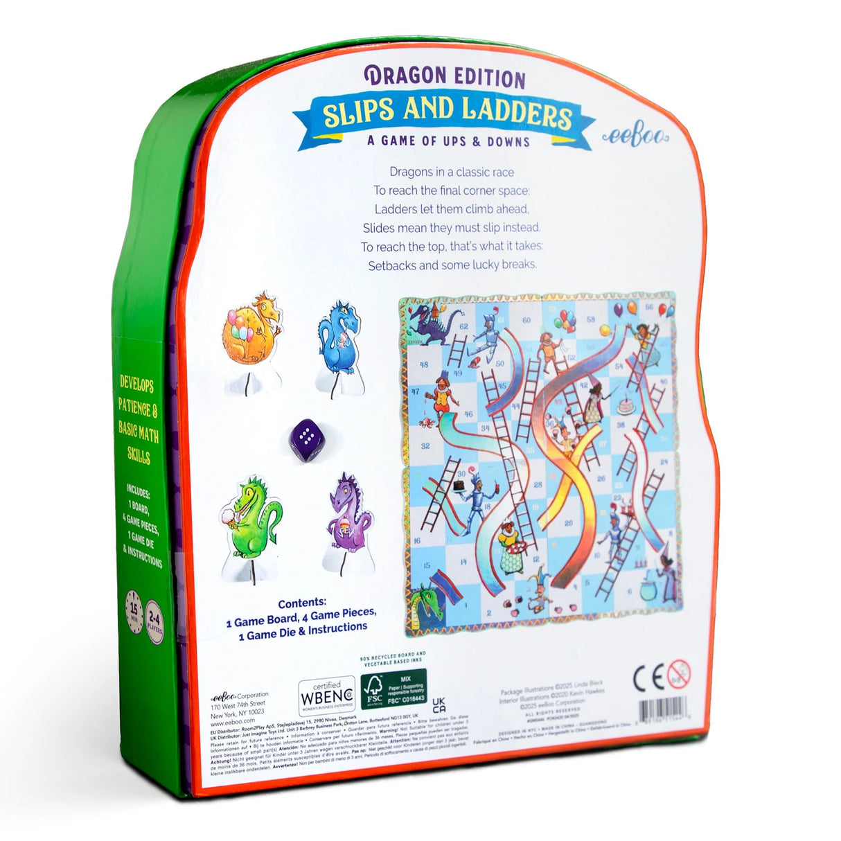 Slips & Ladders Dragon Edition board game box with colorful dragon pieces and game board