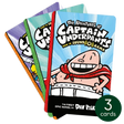 Three colorful Captain Underpants cards featuring the superhero in his iconic red cape and white briefs
