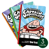 Three colorful Captain Underpants cards featuring the superhero in his iconic red cape and white briefs