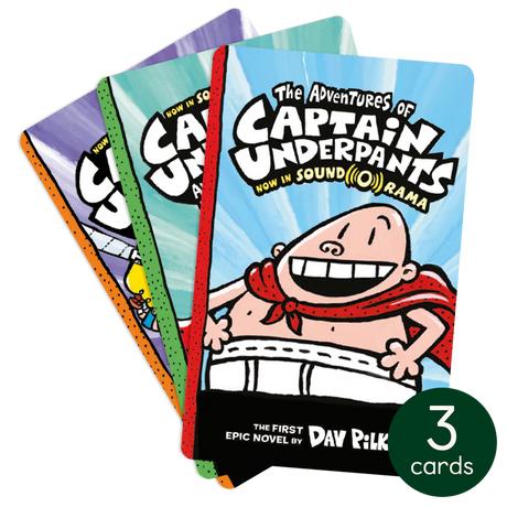 Three colorful Captain Underpants cards featuring the superhero in his iconic red cape and white briefs