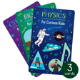 Three colorful educational cards about physics, biology, and chemistry designed for curious kids aged 8-12