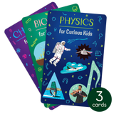 Three colorful educational cards about physics, biology, and chemistry designed for curious kids aged 8-12
