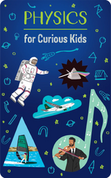 Illustration showing physics concepts like space, light prism, airplane, music, and windsurfing for curious kids