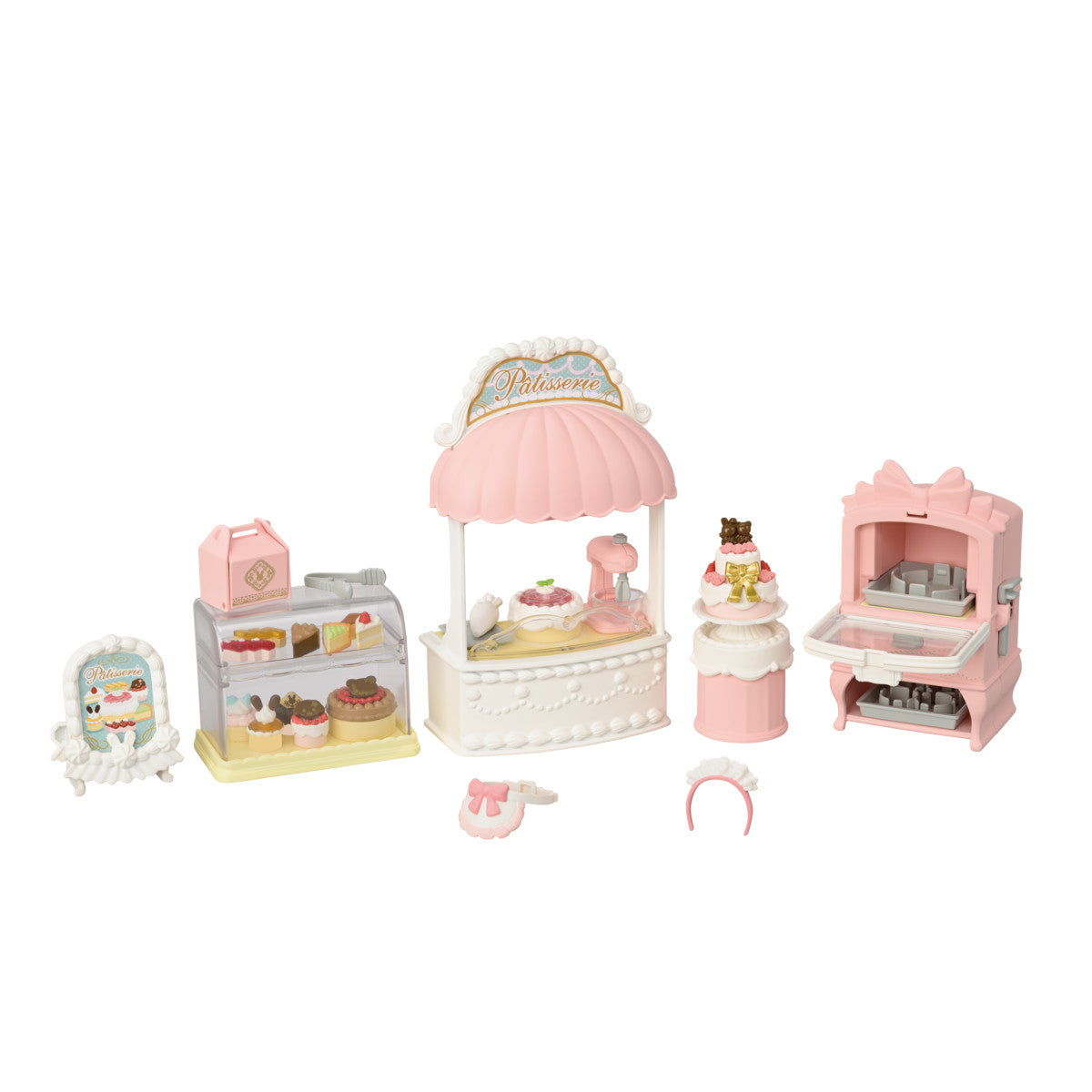 Village Cake Shop Starter Set with pink bakery counters cake stand and miniature dessert accessories