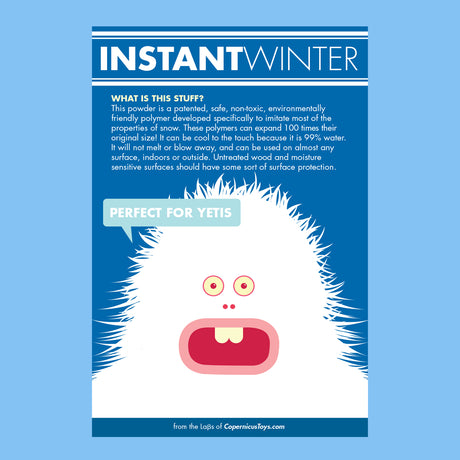 Instant Winter Snow product information with friendly yeti illustration on blue background.