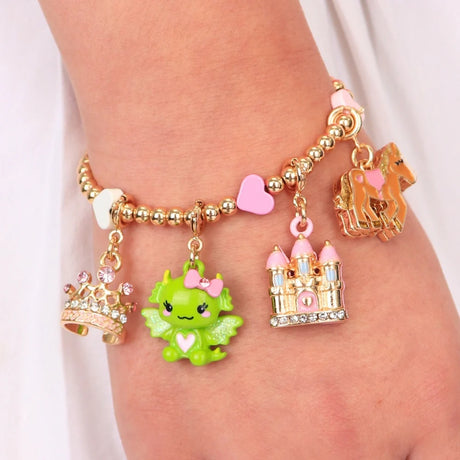 Gold Swivel Dragon Charm displayed on a beaded bracelet with colorful dangling charms