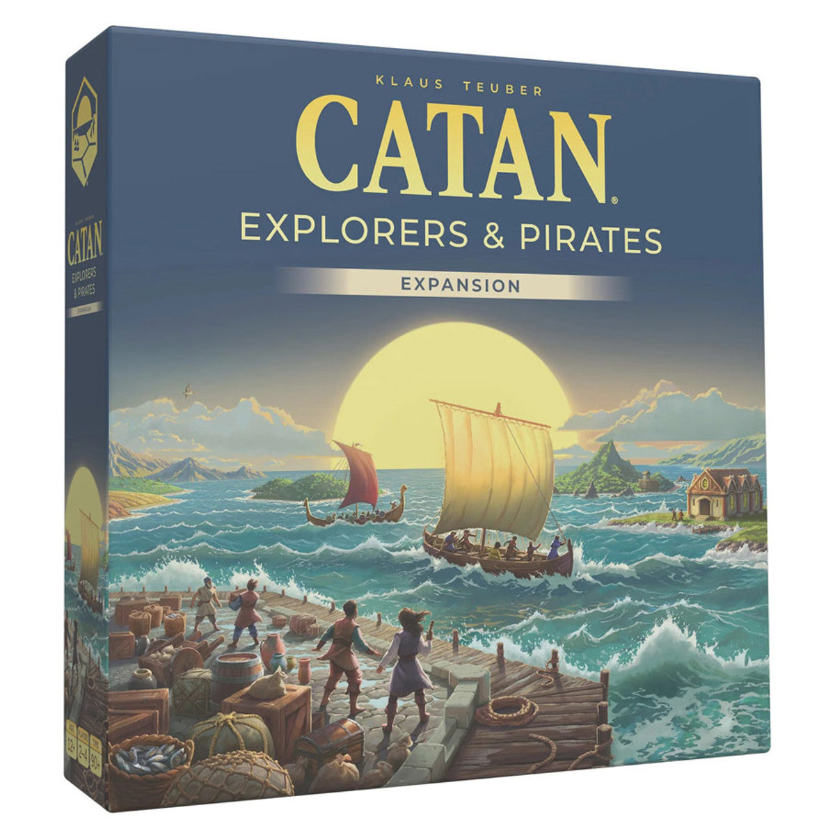 Catan Explorers and Pirates Expansion 6th Edition board game box showing ships and explorers at a coastal harbor at sunset
