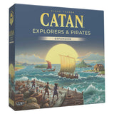 Catan Explorers and Pirates Expansion 6th Edition board game box showing ships and explorers at a coastal harbor at sunset