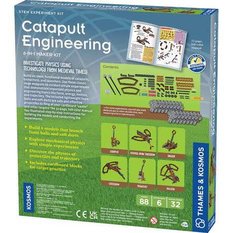 Catapult Engineering STEM kit box showing parts, instructions, and six medieval launcher models for physics experiments.