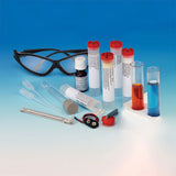 Chemistry 500 set with safety glasses, test tubes, droppers, battery clip, and reagents for colorful science experiments