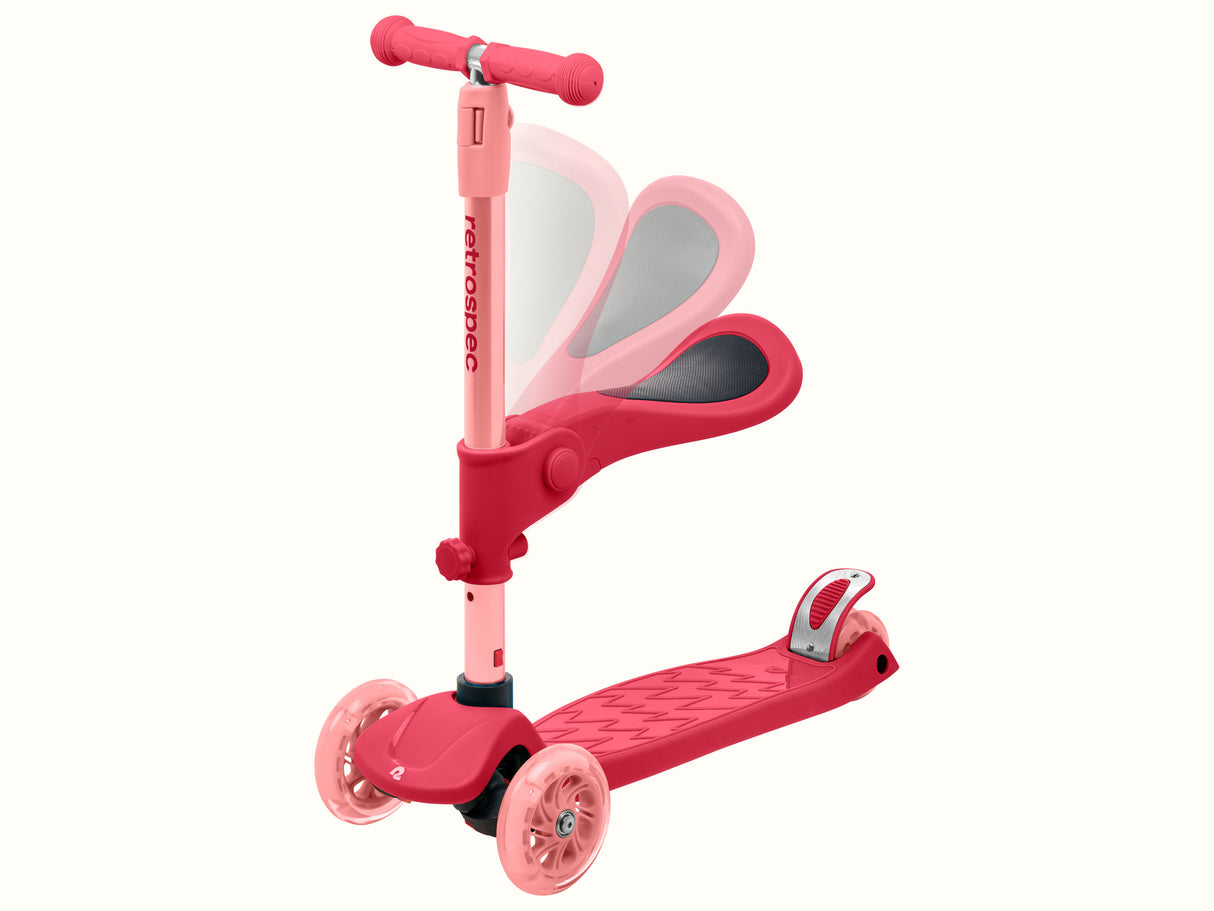 Chipmunk Plus Kids' Kick Scooter in pink with folding seat, three light-up wheels, and adjustable T-bar for ages 3 and up.